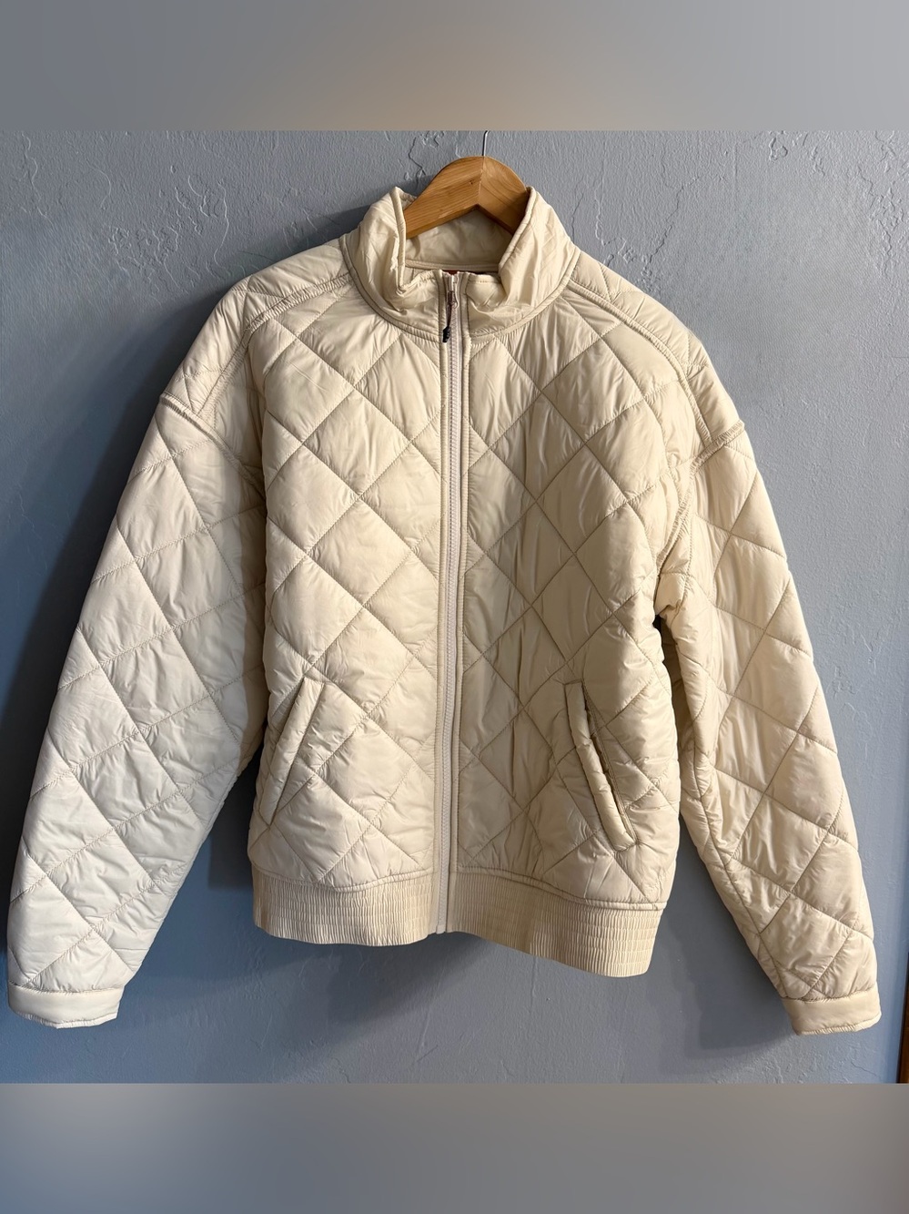 Cream Quilted Puffer Jacket with Stand Collar